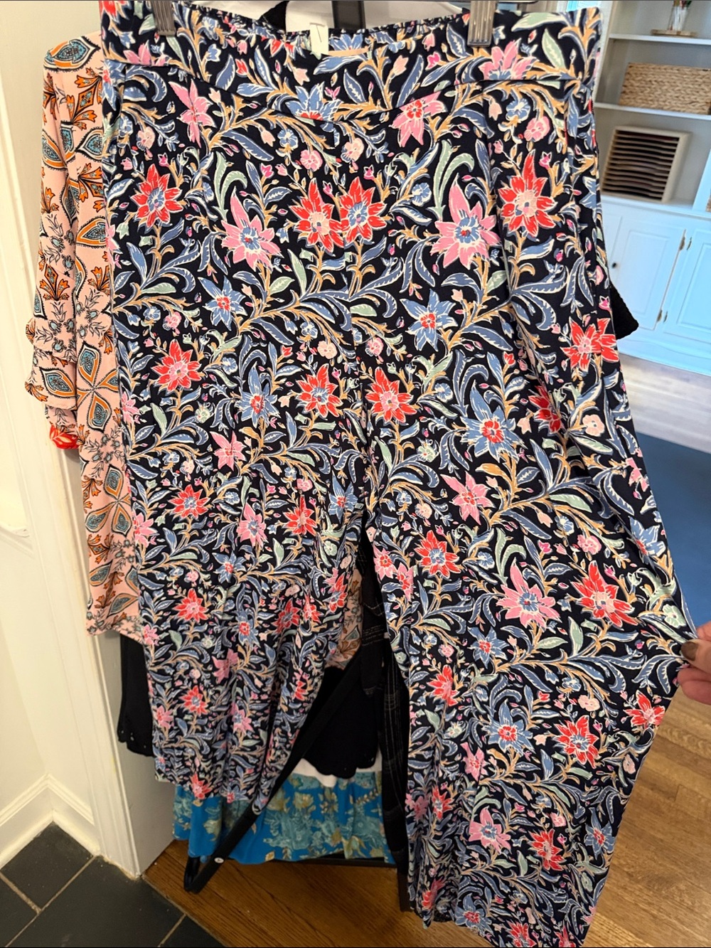 LOFT Navy Floral Wide-Leg Pants with Pink & Red Blooms